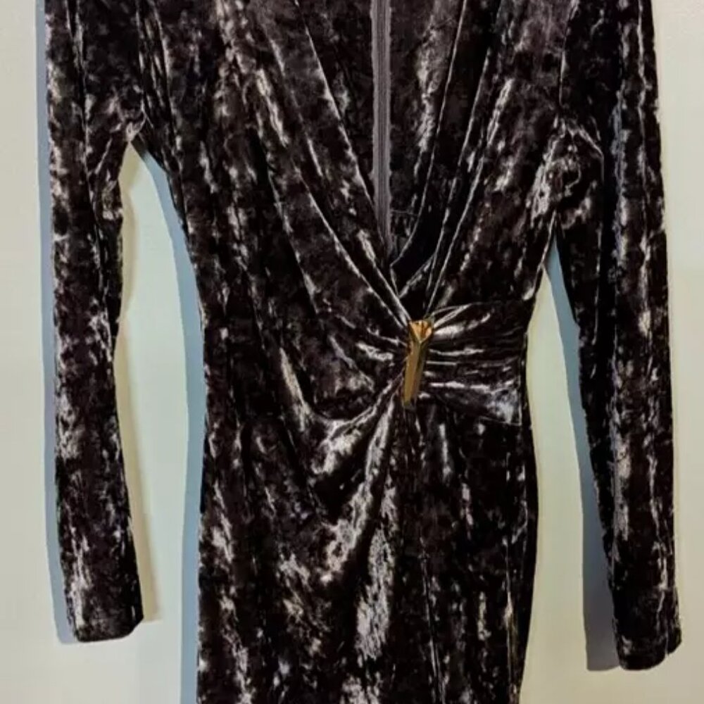Calvin Klein Women's Velvet Dress SZ 6 Sheen Gold V-Bar Brown Midi Ruched Luxury